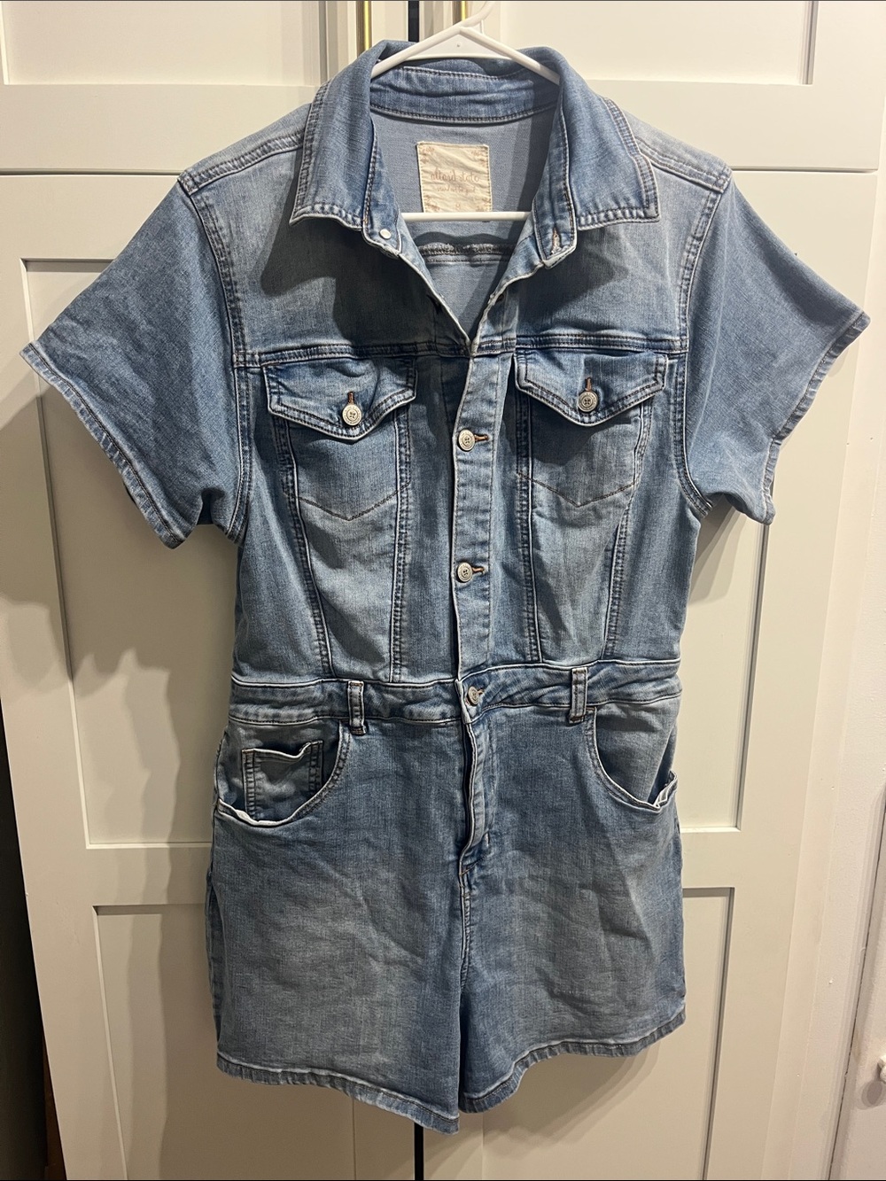 Altar'd State Light Blue Denim Short Sleeve Jumpsuit Romper